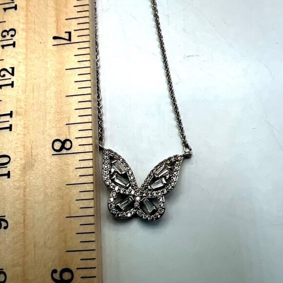 Elegant Butterfly Pendant Necklace With Rhinestones On Silver Tone Chain.  B62 - Picture 9 of 9